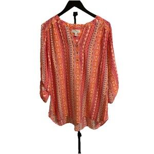 Kim Rogers Curvy Womens Size 1X Top Popover Roll Tab 3/4 Sleeves